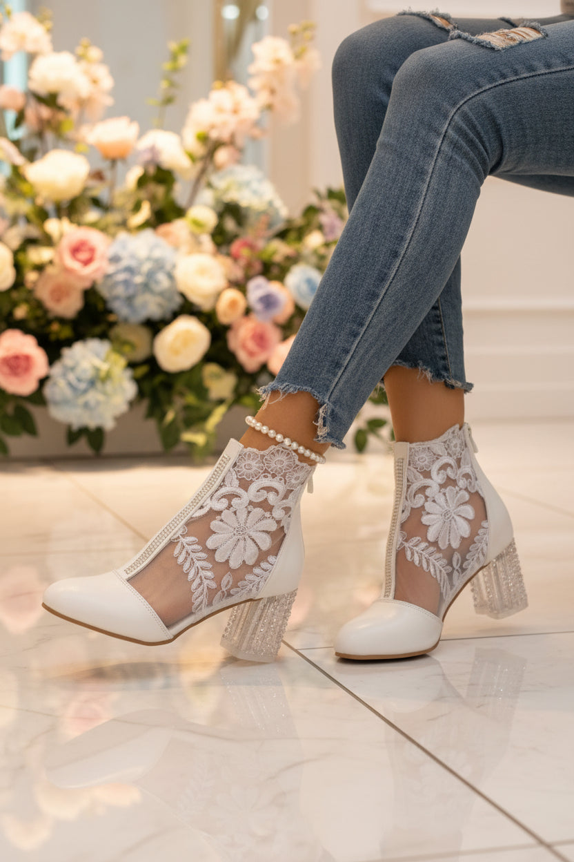 Lace-Embroidered Mesh Chunky-Heel Ankle Boots | Black & White EU 35–43