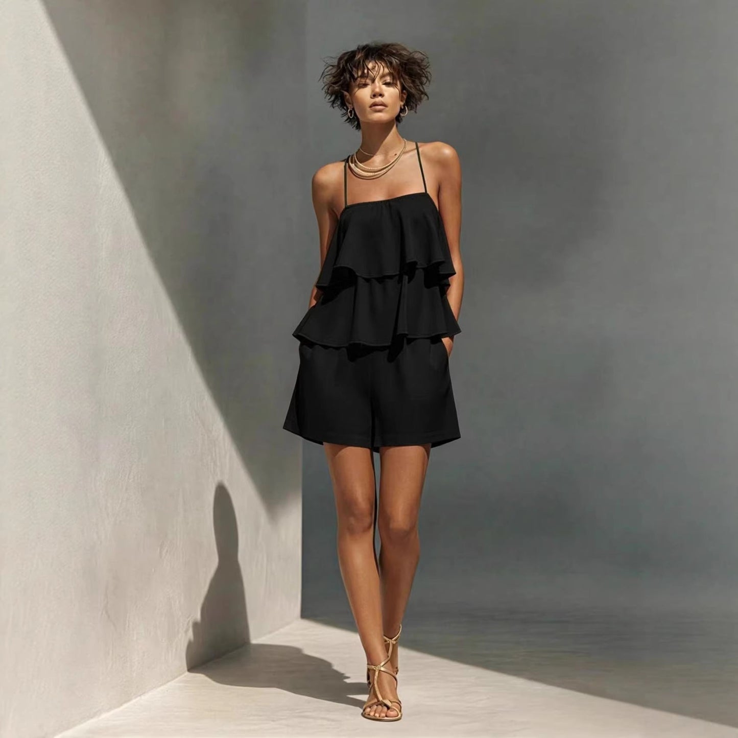 Women's Multi-Layer Ruffle Camisole & Shorts Set