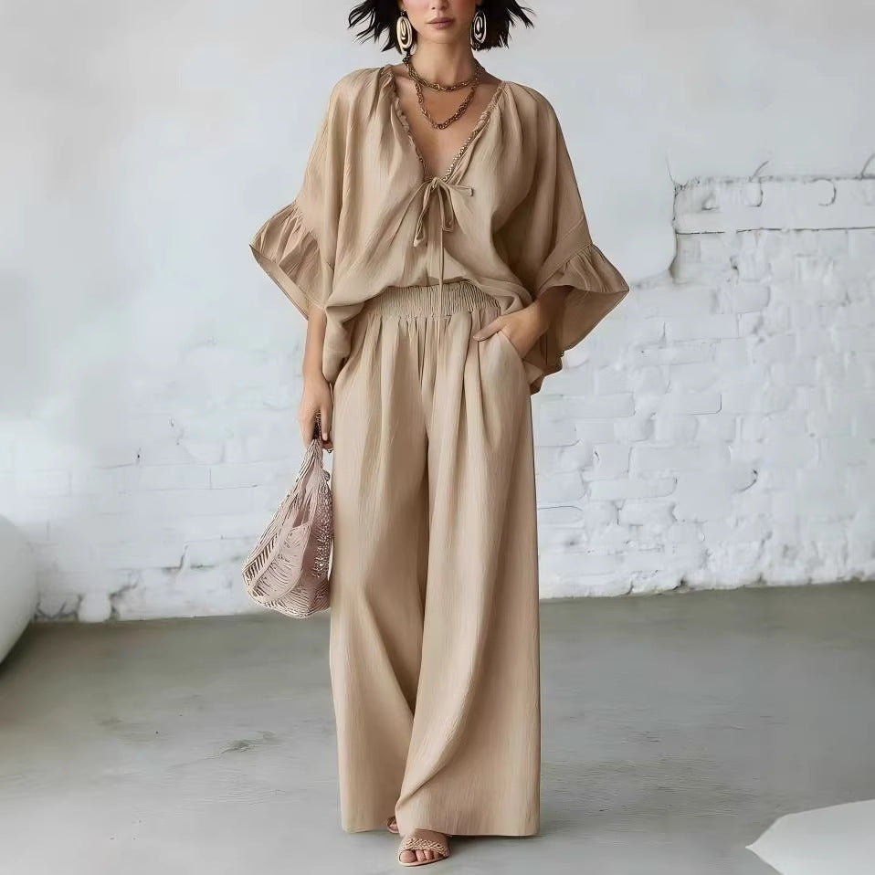 Women's Loose-Fit V-Neck Top & Wide-Leg Pants Two-Piece Set