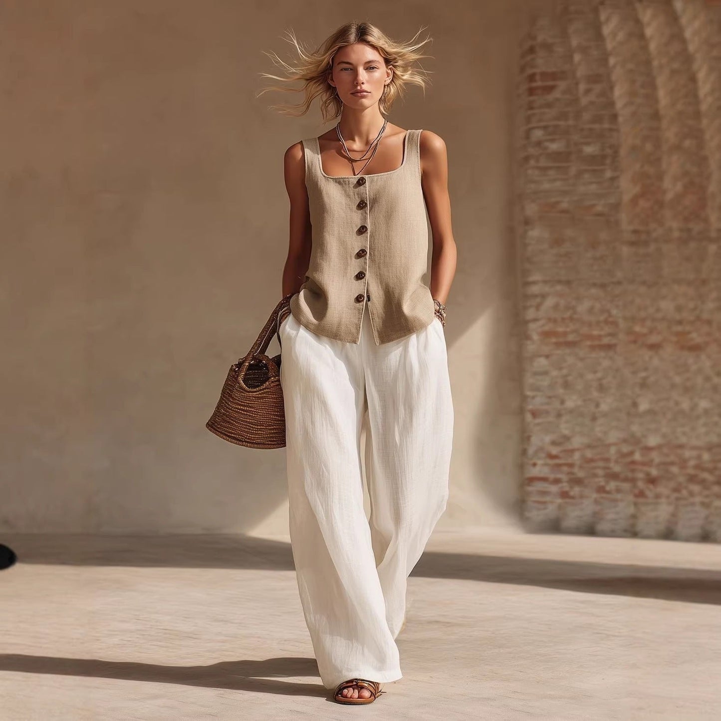 Women's Front-Button Cardigan Sleeveless Top & Long Pants Set