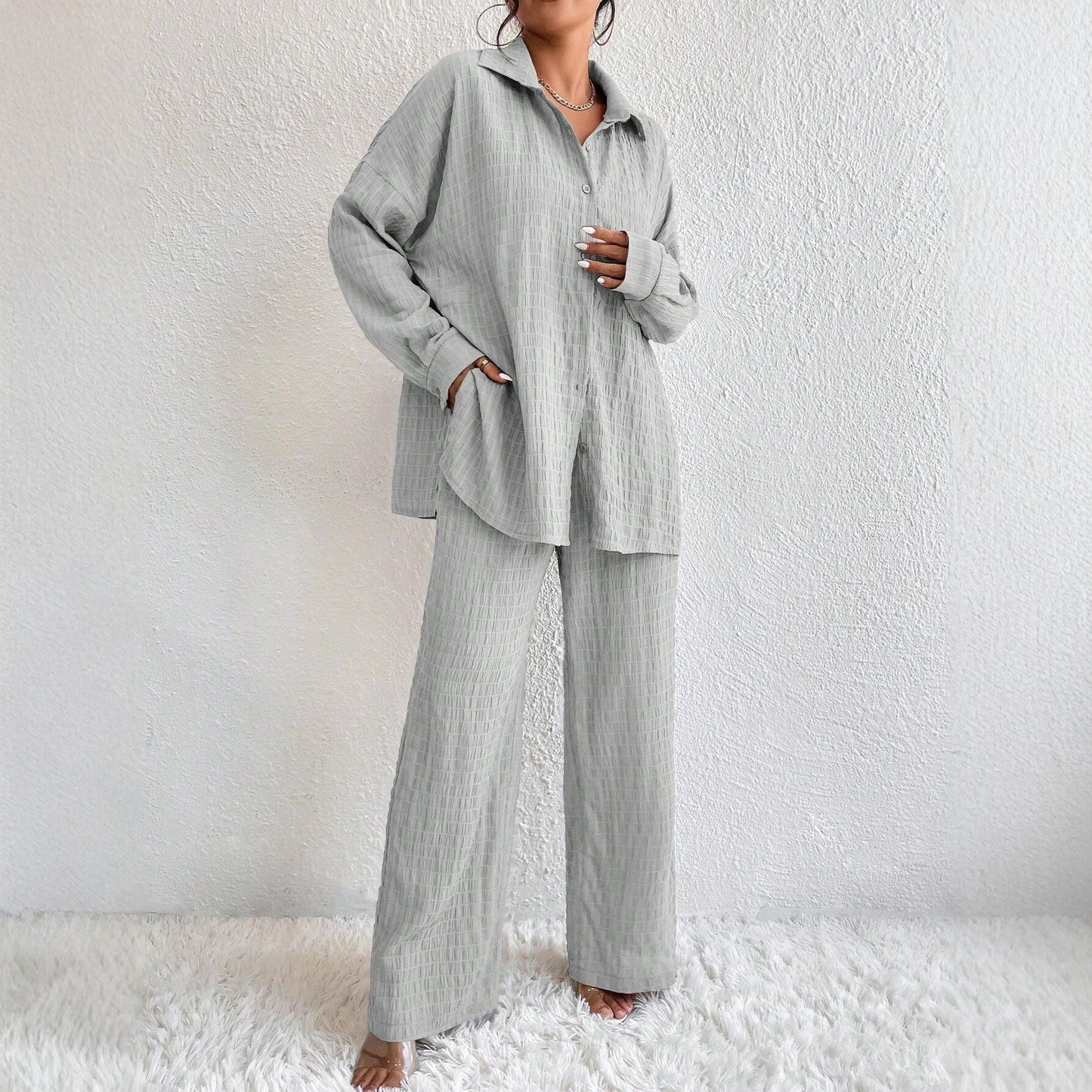 Women's Pleated Long Sleeve Lapel Two-Piece Set – Loose Top & Pants