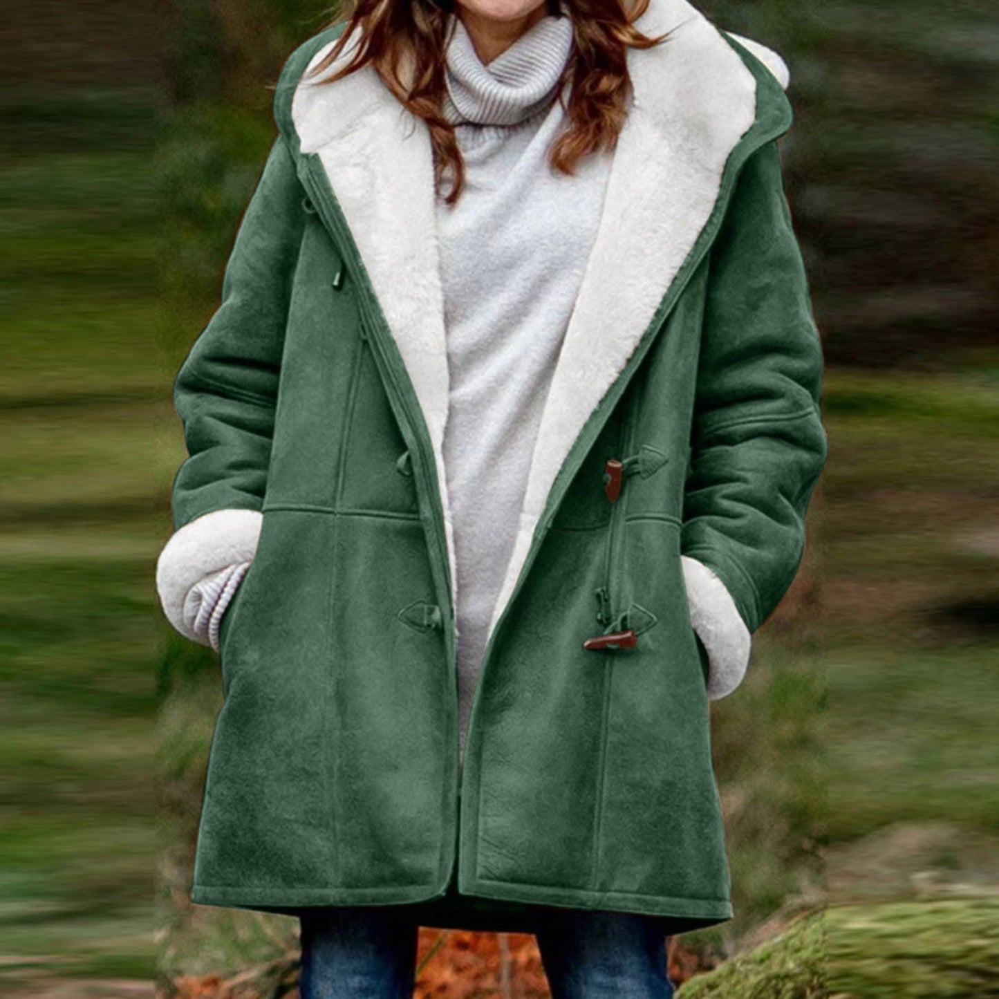 Sherpa-Lined Duffle Toggle Jacket with Hood — Warm Hooded Fleece Coat