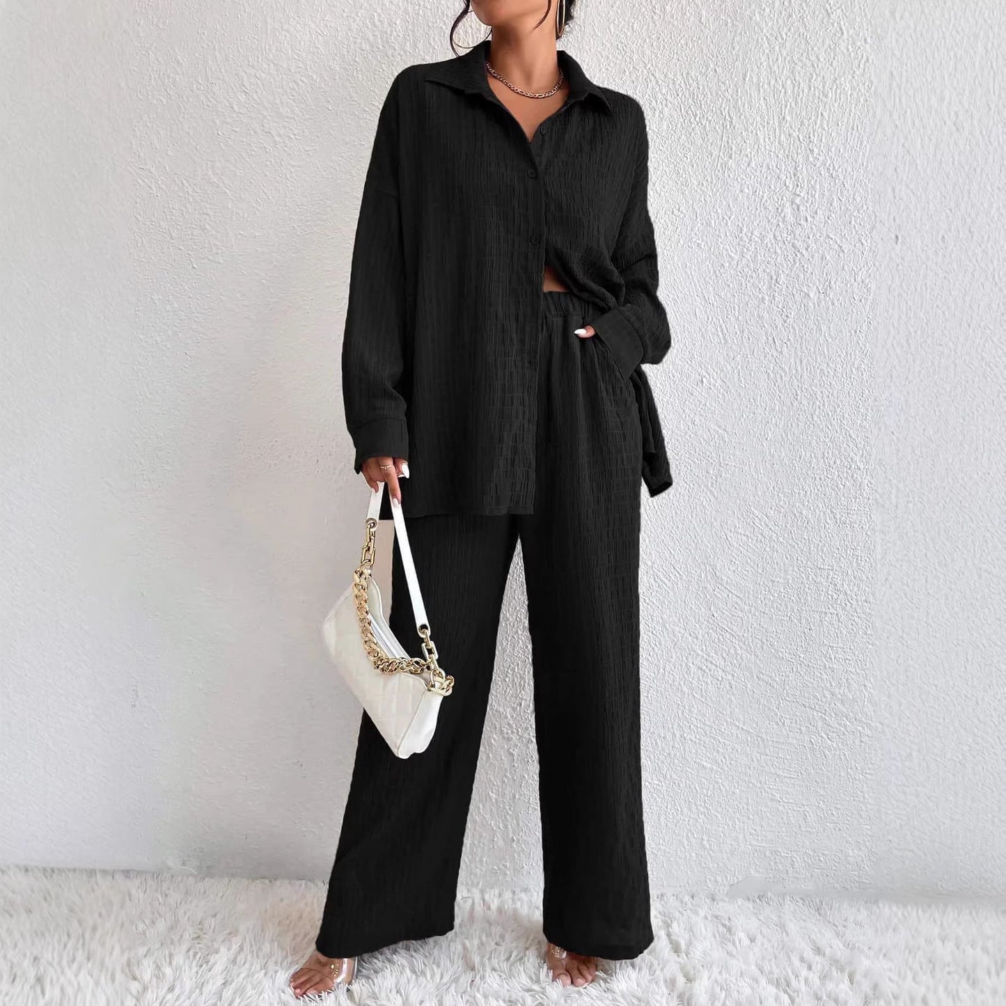 Women's Pleated Long Sleeve Lapel Two-Piece Set – Loose Top & Pants