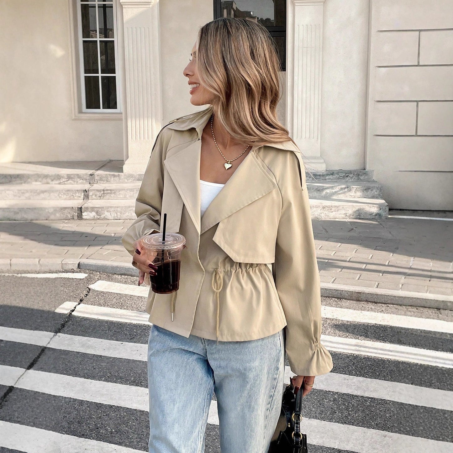 Women's Drawstring Waist Figure-Flattering Casual Coat – Khaki
