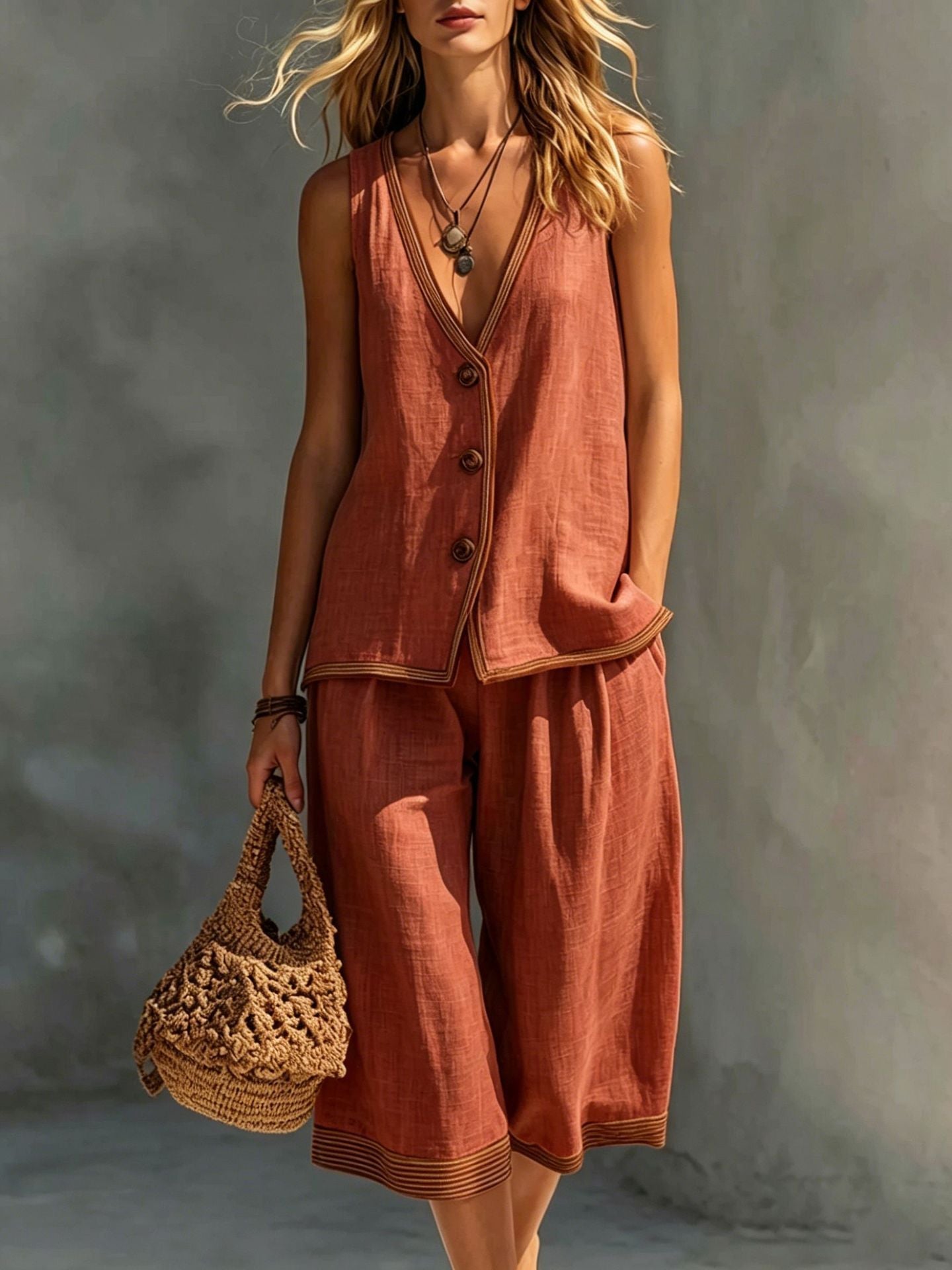Women's Sleeveless Buttoned Vest & Shorts Two-Piece Set
