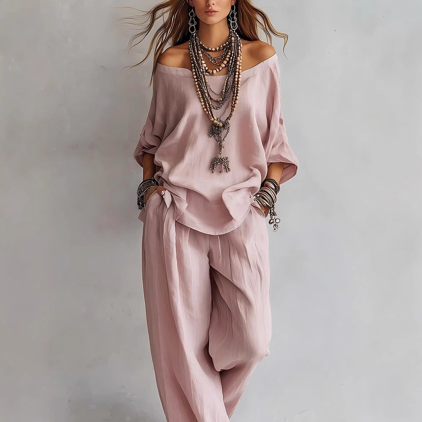 Women's Off-Shoulder Top & Wide-Leg Pants Set