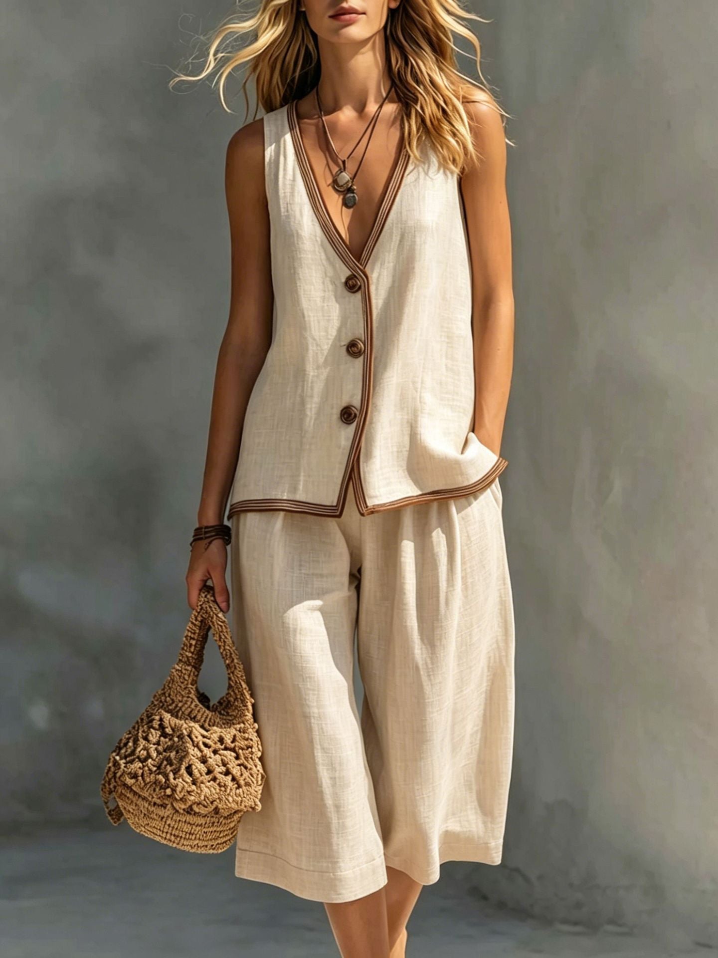 Women's Sleeveless Buttoned Vest & Shorts Two-Piece Set