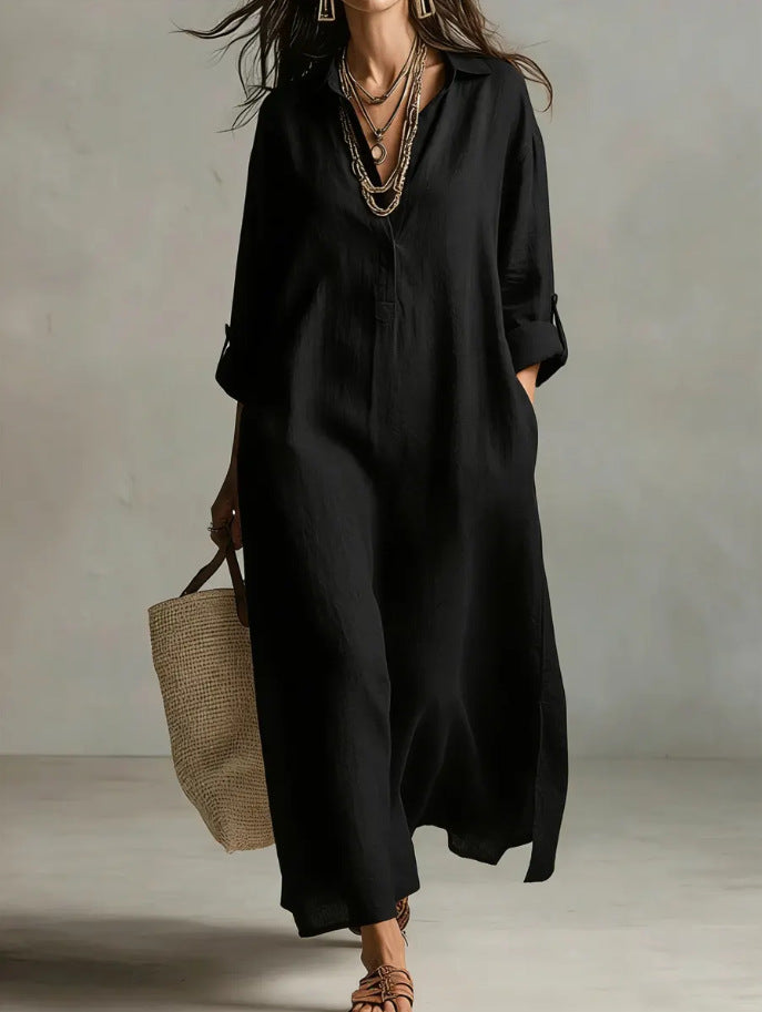 Women's Casual Long-Sleeve Linen Shirt Dress – Relaxed Fit