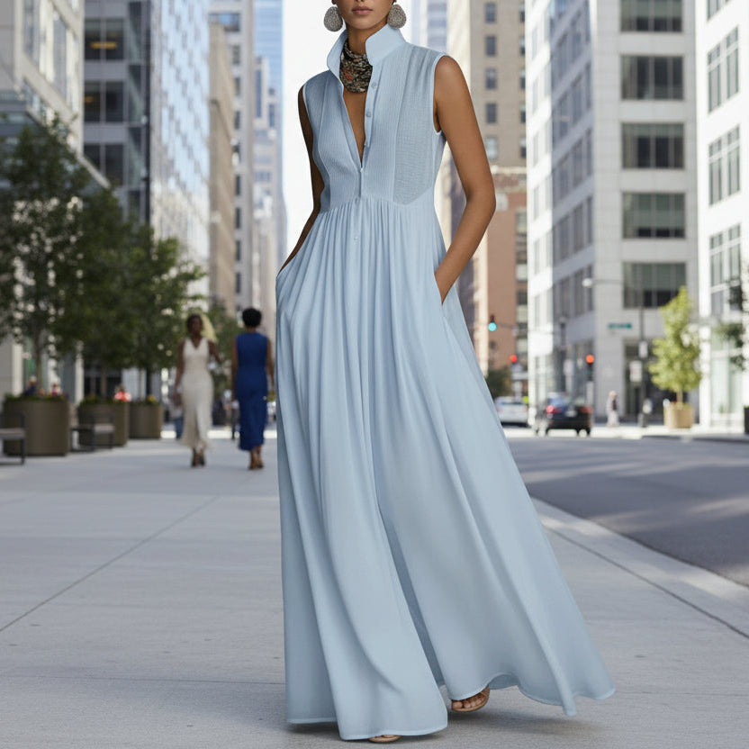 Women's French-Style High-Waist Midi Dress with Ribbon Tie
