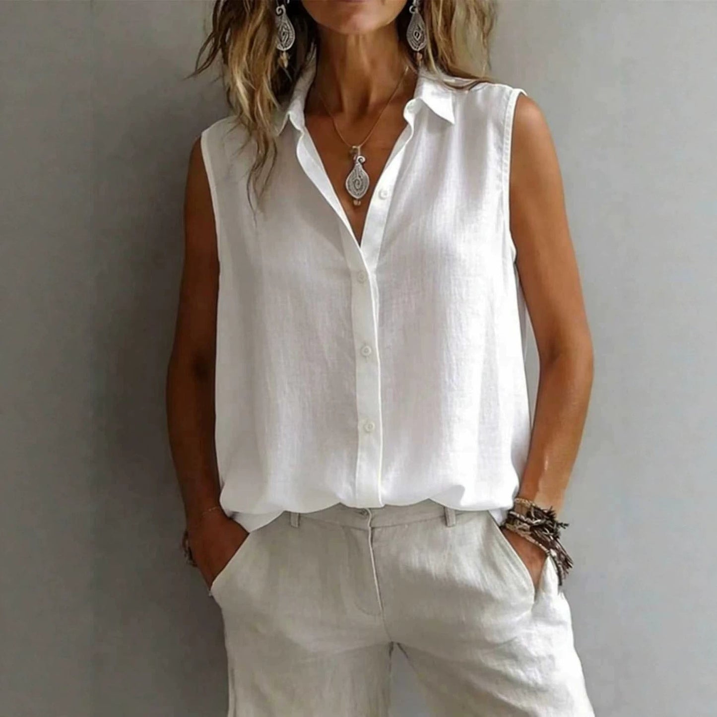 Women's Solid Color Lapel Sleeveless Top