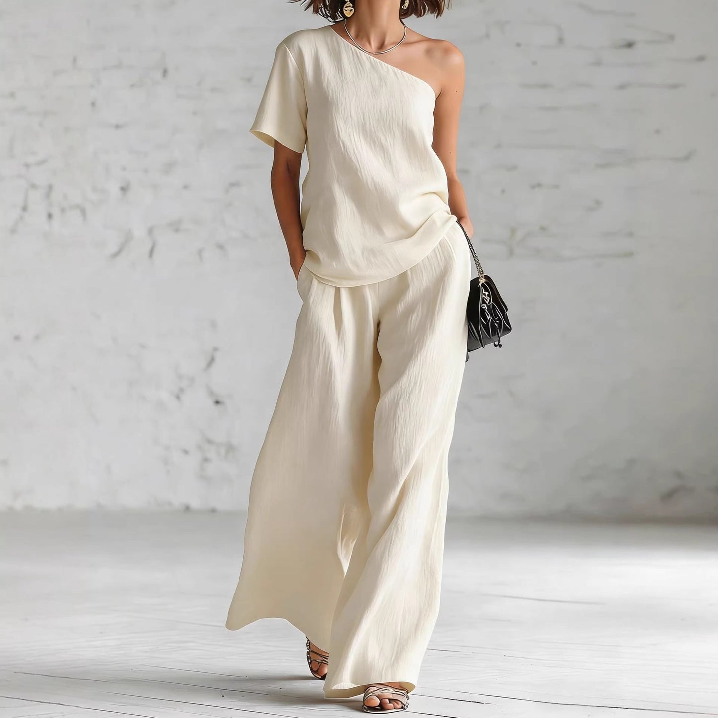 Women's Wide-Leg Pants & Top Set – 2-Piece Three-Quarter Sleeve Outfit