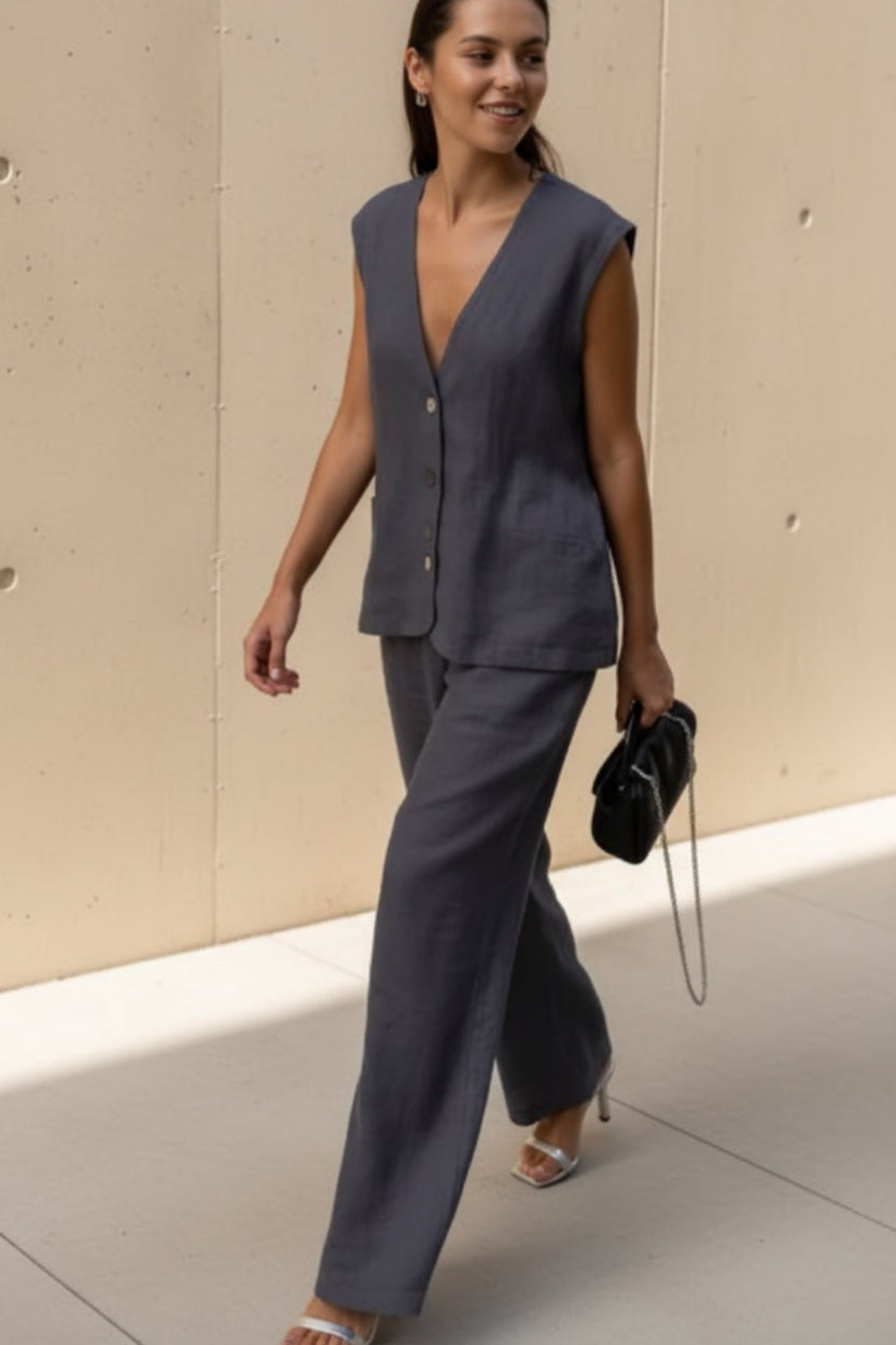 Women’s Cotton V-Neck Sleeveless Vest and Wide-Leg Pants Set