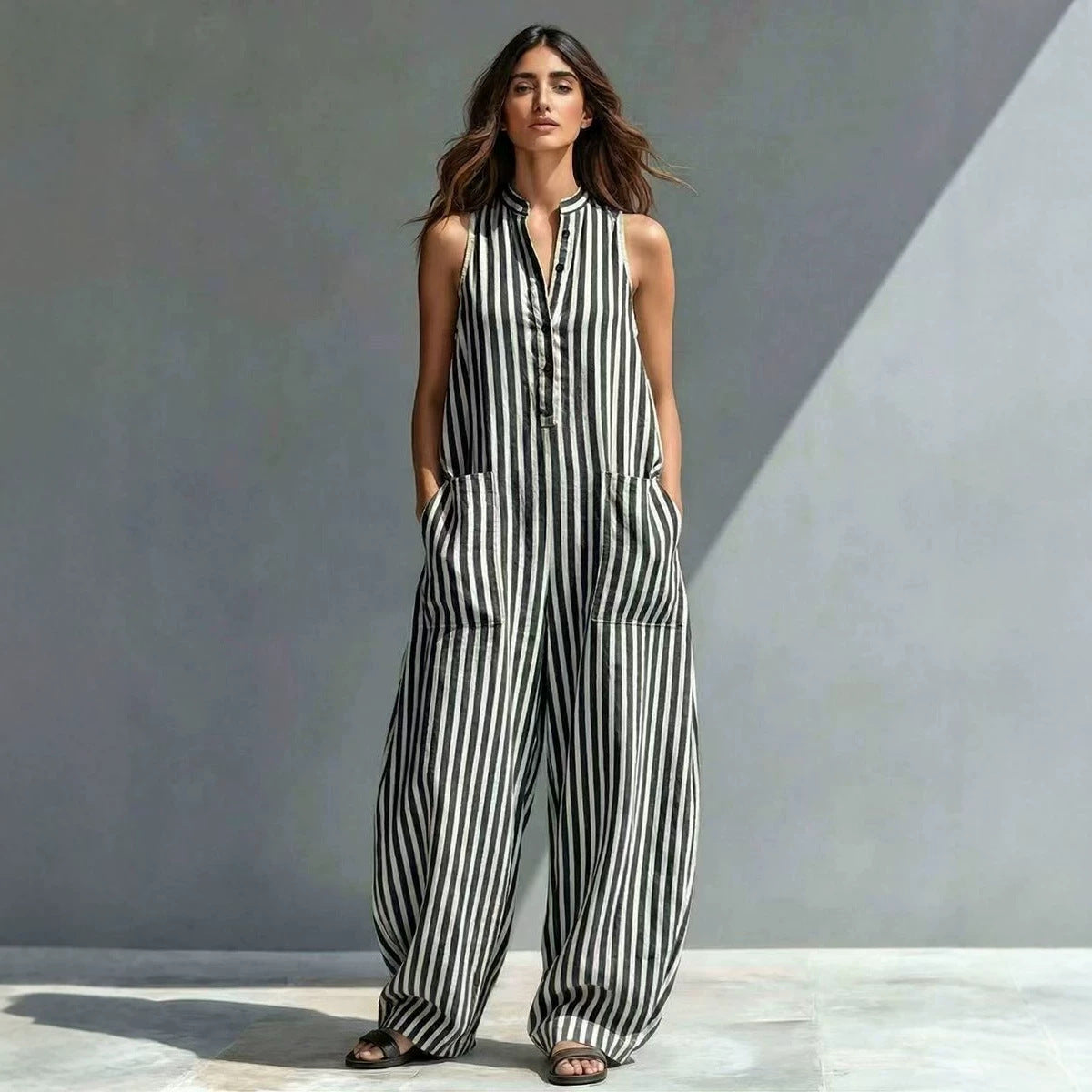 V-Neck Sleeveless Striped Loose Cropped Jumpsuit | 3 Colors S–3XL