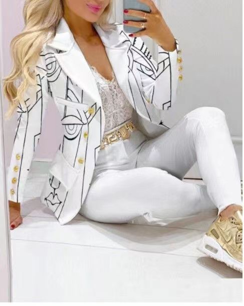 Women's Printed Coat & Trousers Two-Piece Set – 19 Prints, Casual Fashion Suit