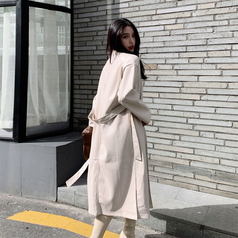 Women's Long PU Leather Jacket | Polo Collar Lace Detail Coat