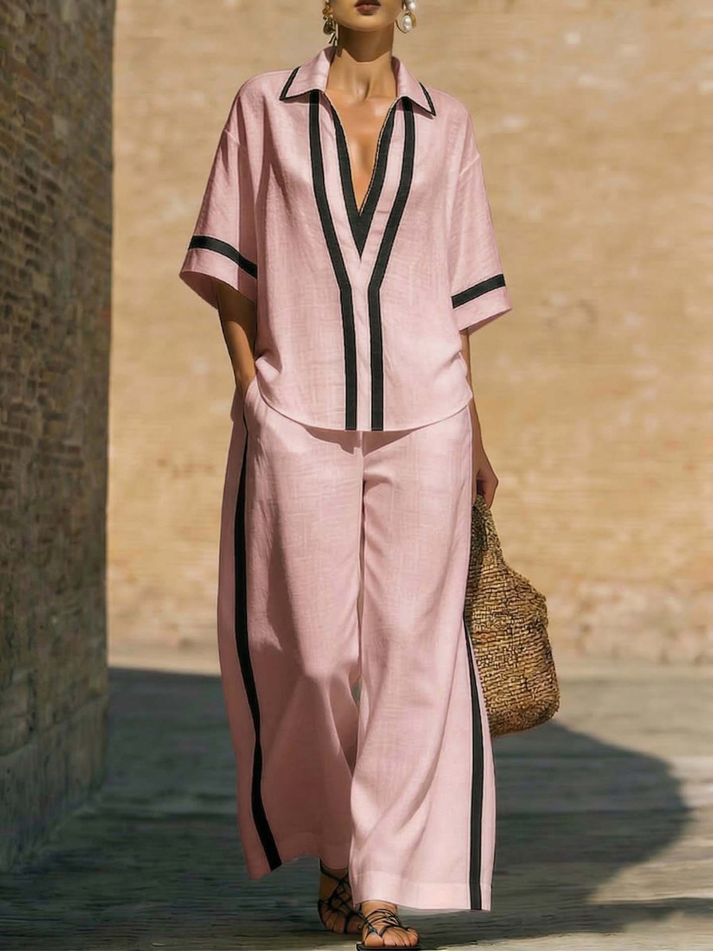 Women’s Color Block Shirt and Wide-Leg Pants Set