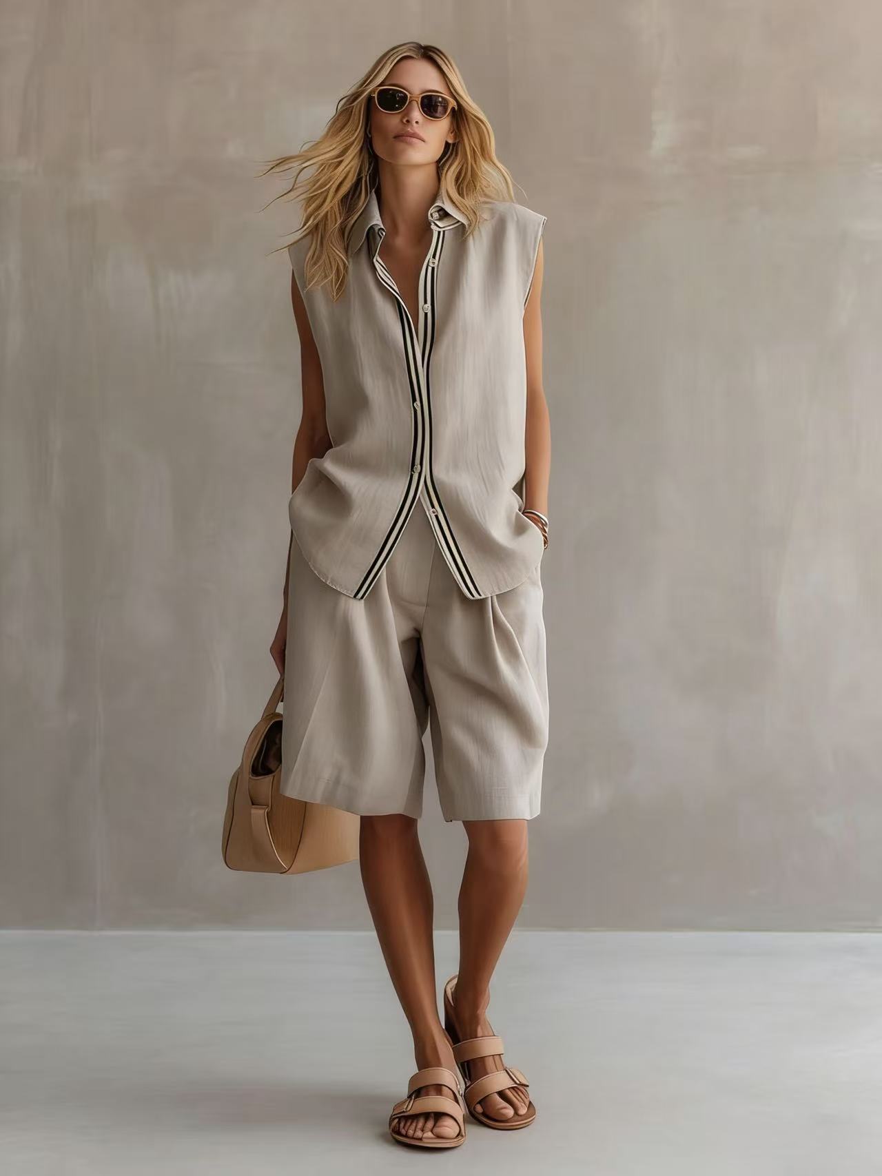 Women's Linen Shirt and Shorts Set – Sleeveless Summer Two-Piece
