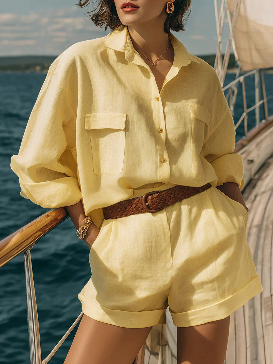 Cotton-Linen Loose-Fit Button-Down Shirt and Shorts Casual Set