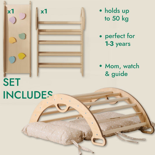 Set de escalada Montessori 4 en 1: Triángulo Pikler, arco, tabla deslizante y cojín para niños pequeños (1-3 años)